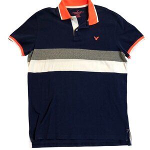 American Eagle Men's Polo Shirt XL Classic Fit Stripe Design Navy